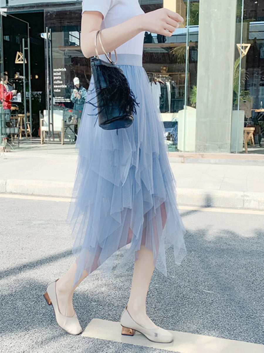 Women Tutu Tulle Skirt Elegant High Waist Mesh Tiered Layered Half Skirt Female Prom Party Midi Skirt for Summer Fairycore Y2K