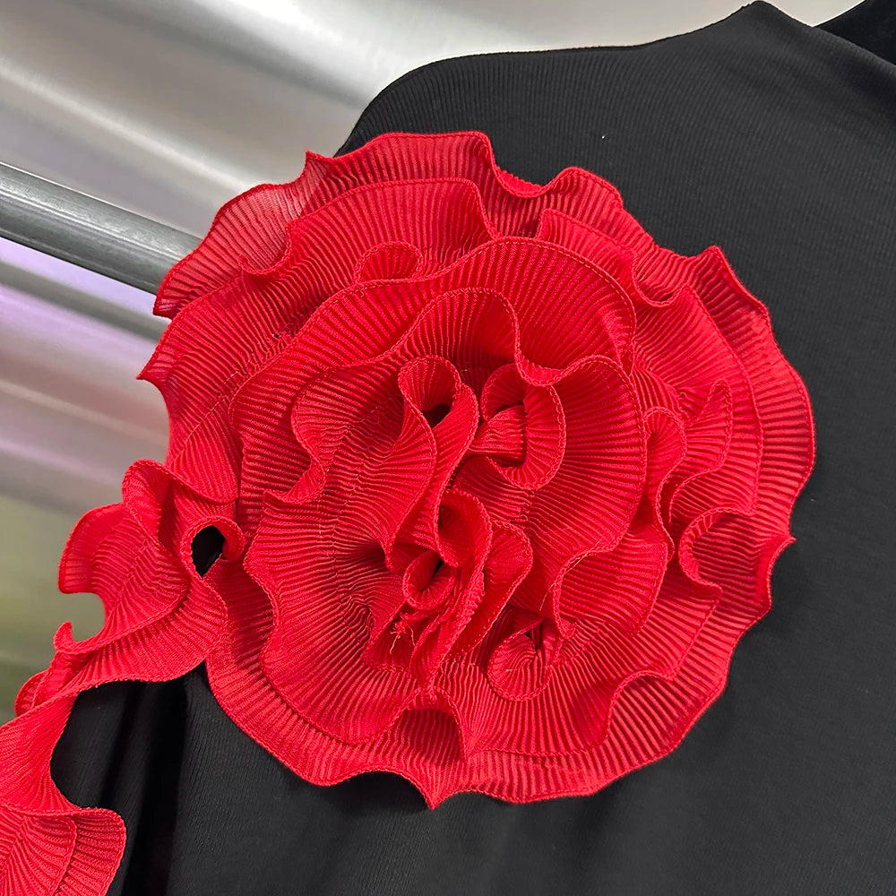 VGH Temperament Spliced Fungus Shirt For Women Turtleneck Petal Sleeve Slimming Chic Elegant Hit Color Blouse Female Spring New