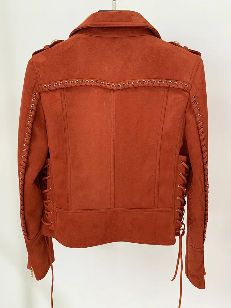 HIGH STREET Newest 2024 F/W Designer Jacket Women's Rope Lacing Up Logo Beaded Synthetic Suede Leather Motorcycle Biker Jacket