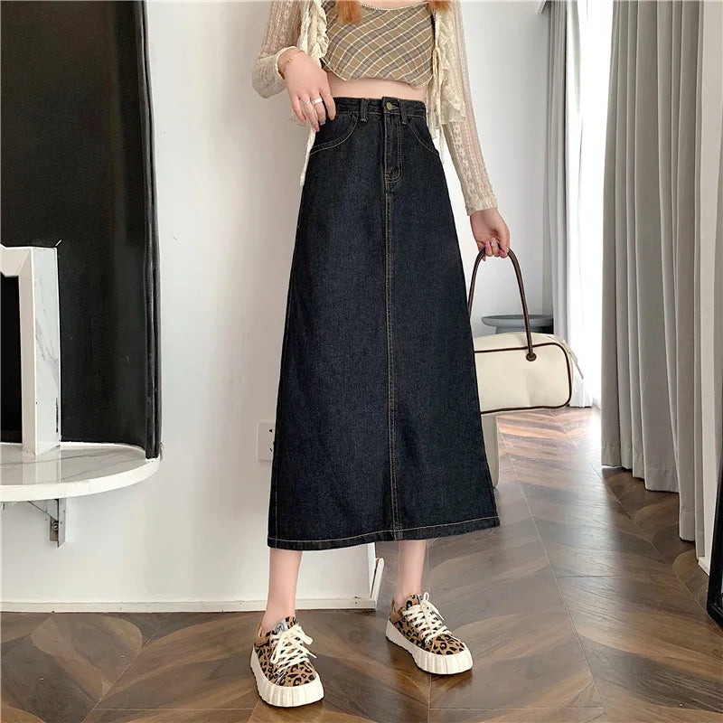 New 2022 Spring-Autumn Medium-Length Denim Skirt For Women High-Waisted Slimming Plus Size Curvy Girls A- Line Hip Covering Skir