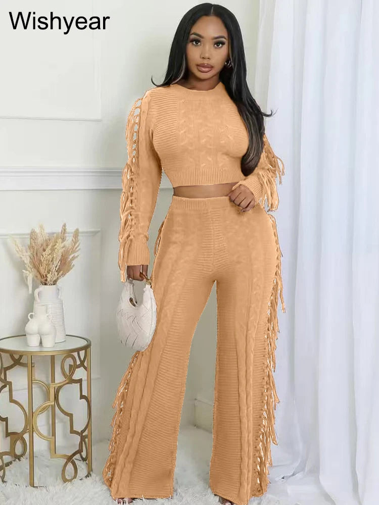 Casual Winter Warm Knitted Sweater Tassel 2 Piece Set Women Long Sleeve Crop Top and Pants Streetwear outdoors vacation Outfits