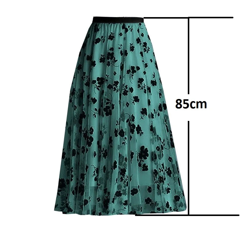 Flocking Floral Pirnted Long Mesh Skirt for Women, High Waist, Max Pleated Tutu, Tulle Skirt, Gauze Skirt, Female, 2025
