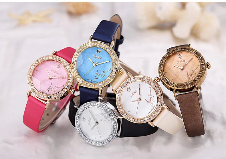 Rhinestones Julius Lady Women's Watch Fashion Hours Bracelet Real Leather Girl's Birthday Gift No Box