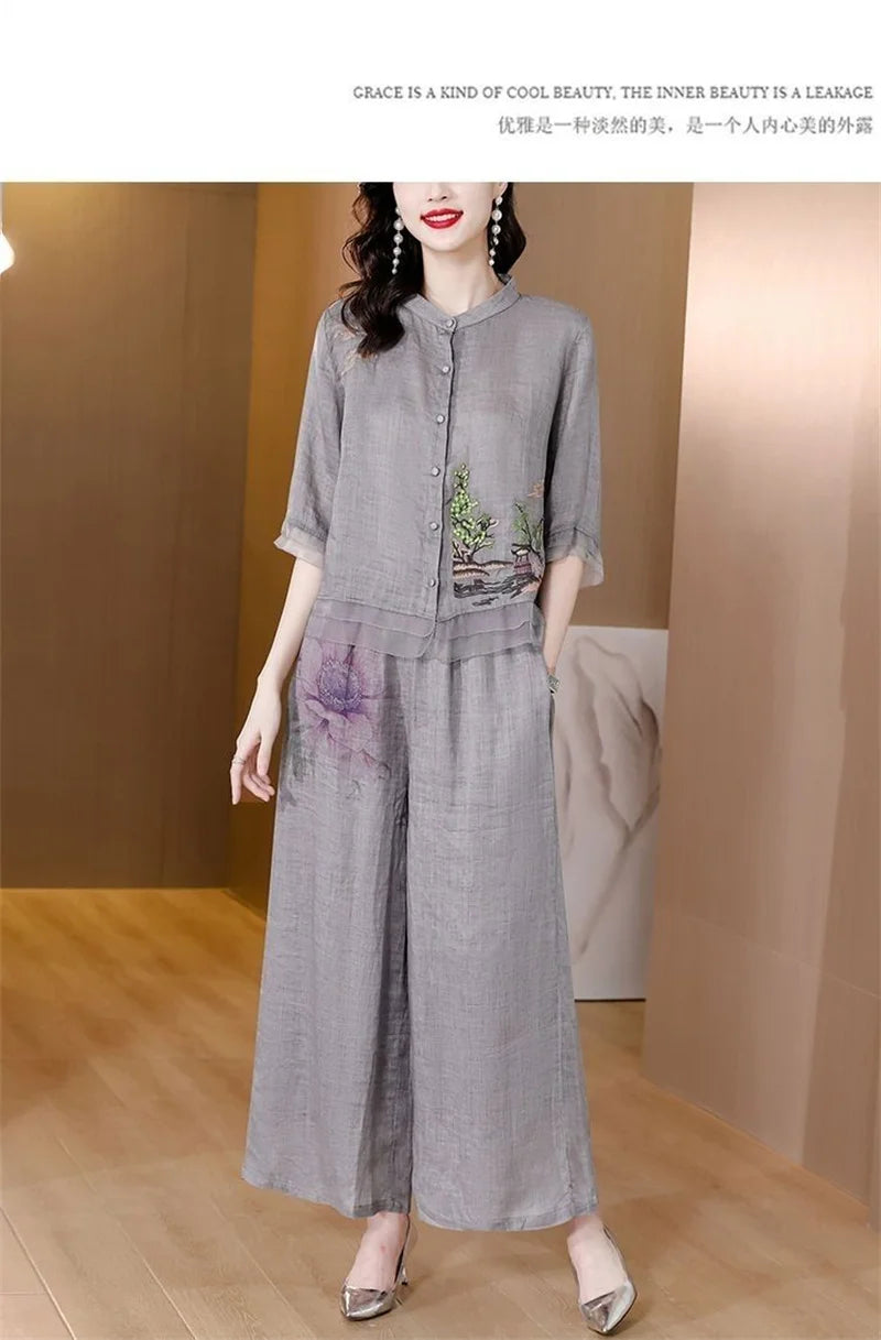 Grey Summer Art Embroidery Chinese Style Set Linen Western Style Summer Wide Leg Pants Casual Fashion Two piece Cotton Set XXXL
