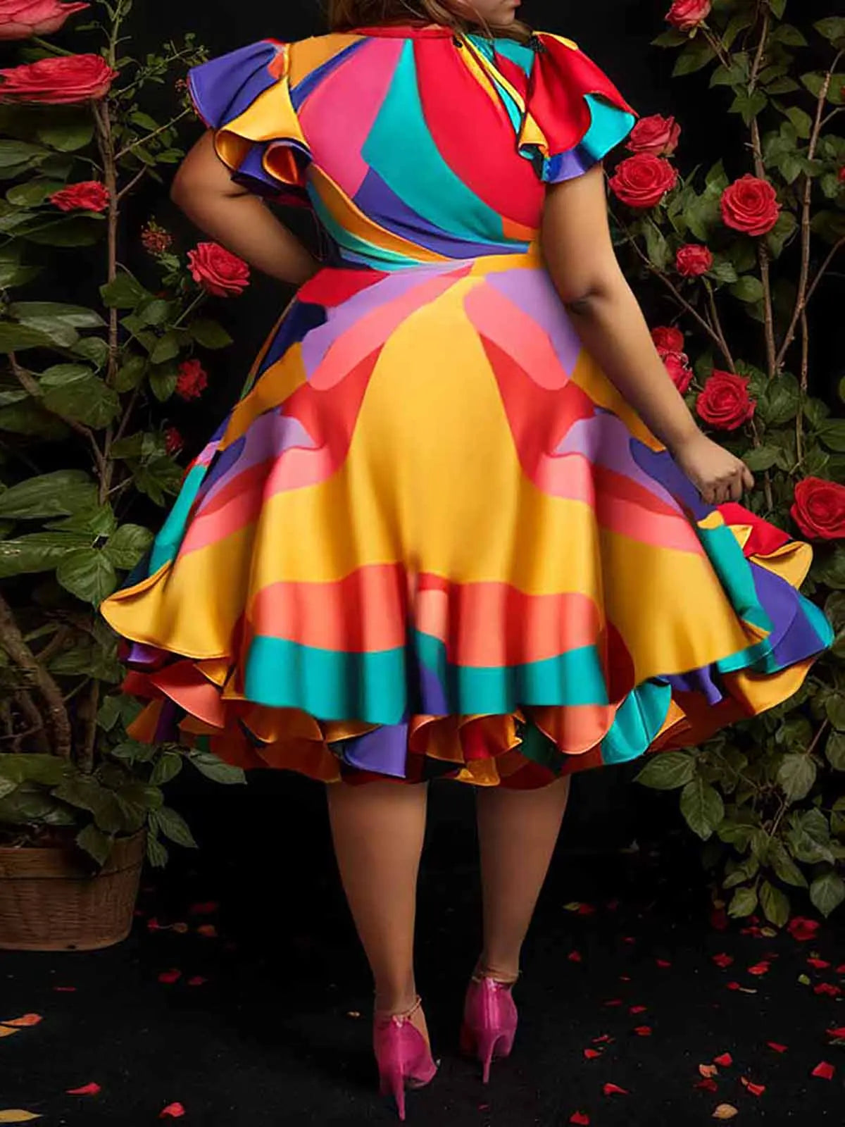 Plus Size Vintage Satin Colorblock Dress