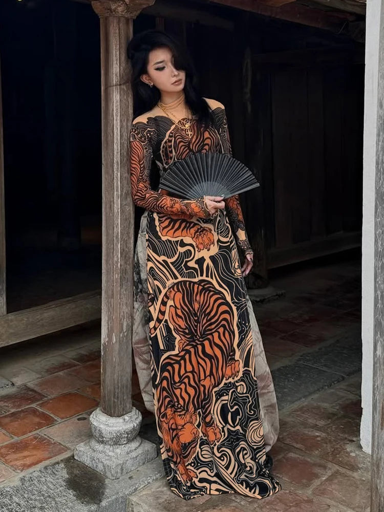 Weird Puss See Through T-Shirts Women Tiger Print Long Sleeve High Neck High Slits High Elastic Skinny Trend Street Hipster Tops