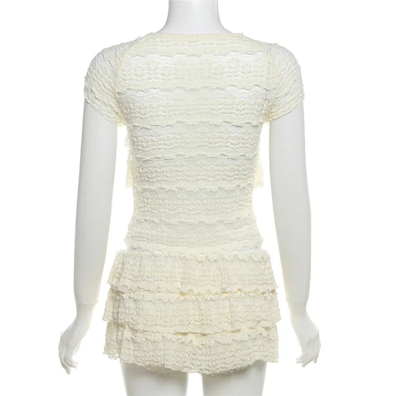 Two Piece Women Crop Top And Mini Skirt Matching Set 2024 New Summer Fashion Sexy White Lace Ruffle Ruched Skirts Outfits
