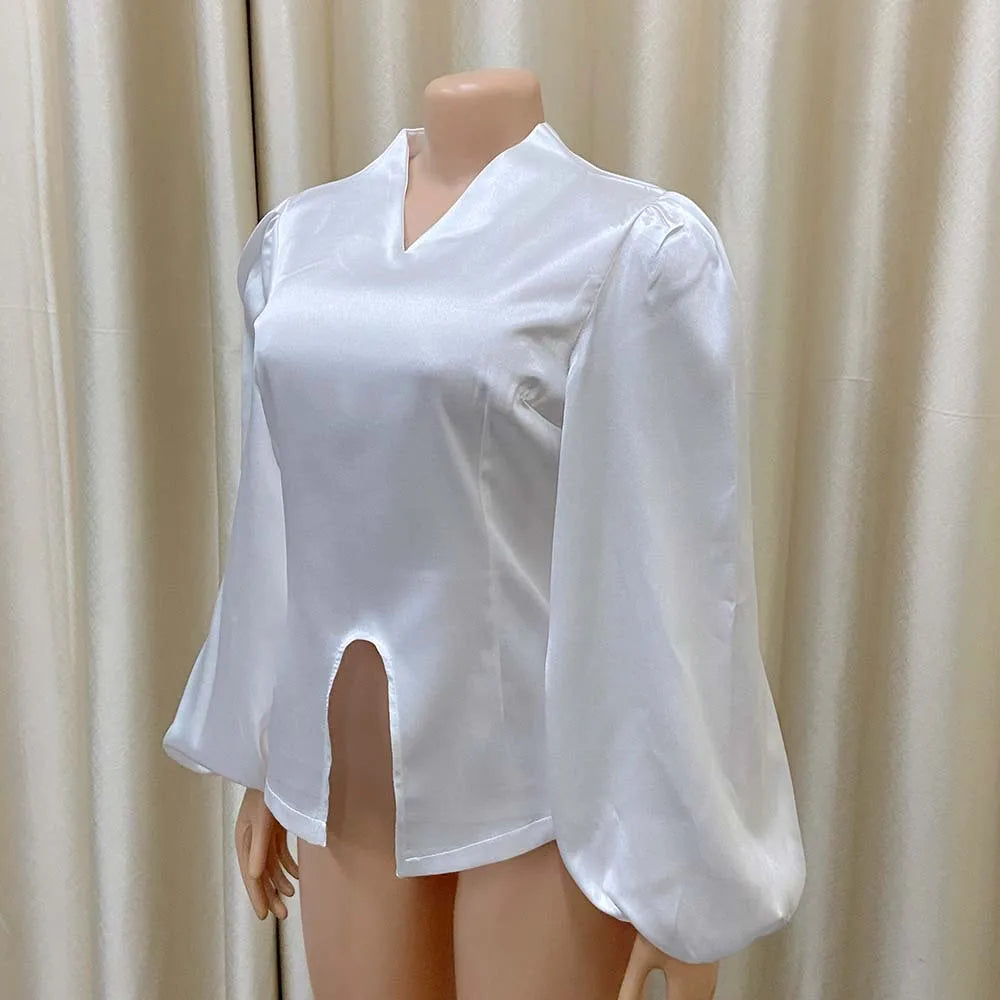Office Blouse for Women Elegant Stylish V Neck Full Sleeve Front Split Solid Satin Luxury African Party Dinner Occasion Shirts