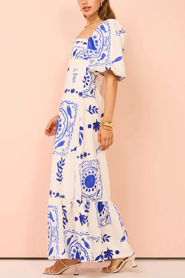 Summer Dress Elegant Women Flower Printed Maxi Dress High Waisted Short Sleeve Square Collar 2025 Summer Fashion Holiday Dresses