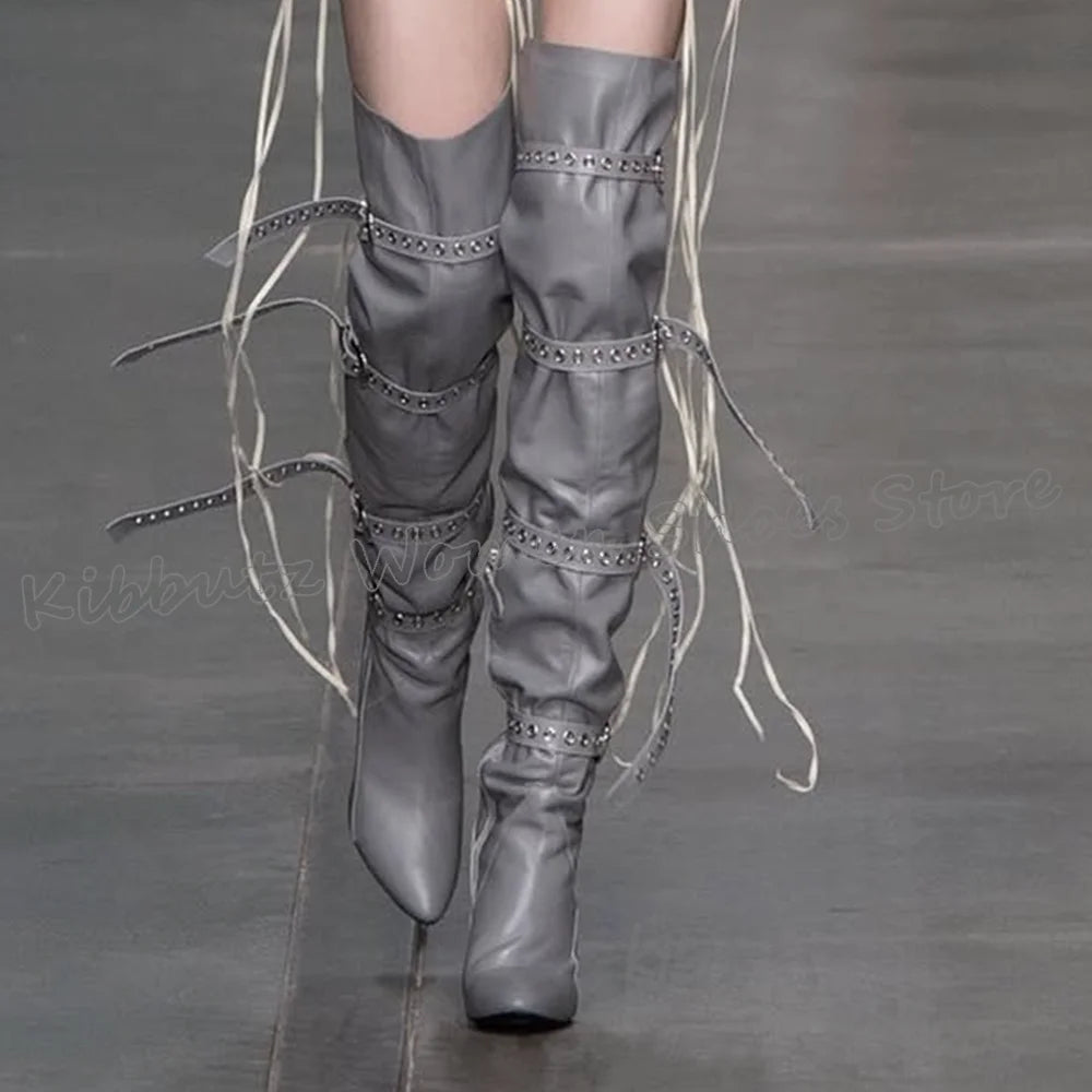 Above The Knee Boots Belt Buckle Pointed Toe Chunky Heels Solid Color Leather Fashion Luxury Elegant Concise Spicy Girls Shoes