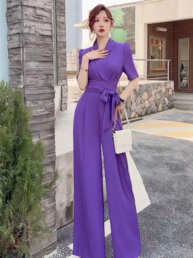 Jumpsuits Summer New High end Jumpsuit Women's Elegant Solid Color High Waist Slim Lace up Wide Leg Dropping Bodysuit Women Sets