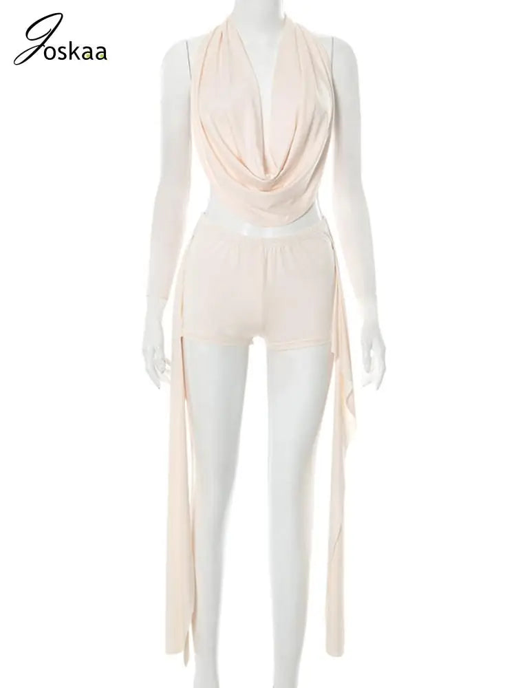 Joskaa 2025 Summer Beach Style 2 Piece Sets Women Sexy Backless Bandage Halter Tops and Ribbons Shorts Matching Vacation Outfits