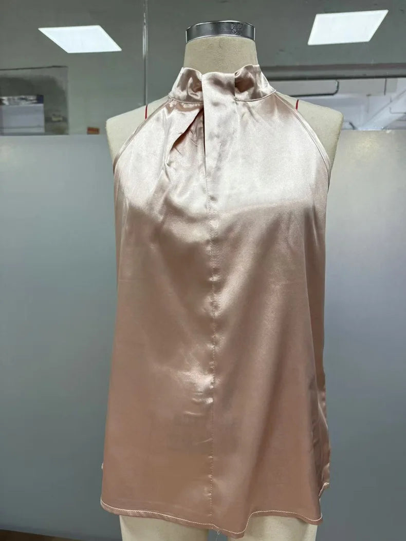 Women's Tops 2025 Summer New European and American Clothes Satin Halter Sleeveless Vest Sexy Commuting Satin Simulated Silk Top