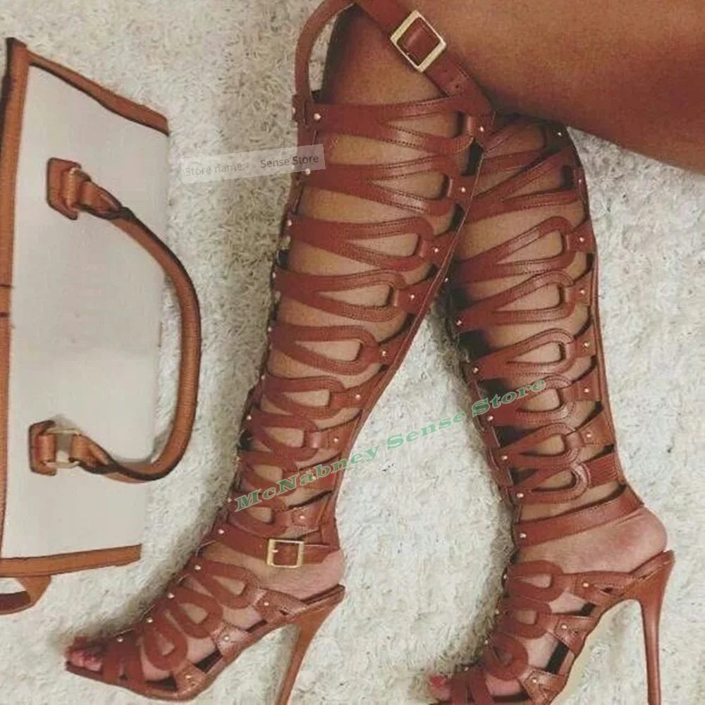 Riveted Pointy Toe Knee High Boots With Thin Heel For Women