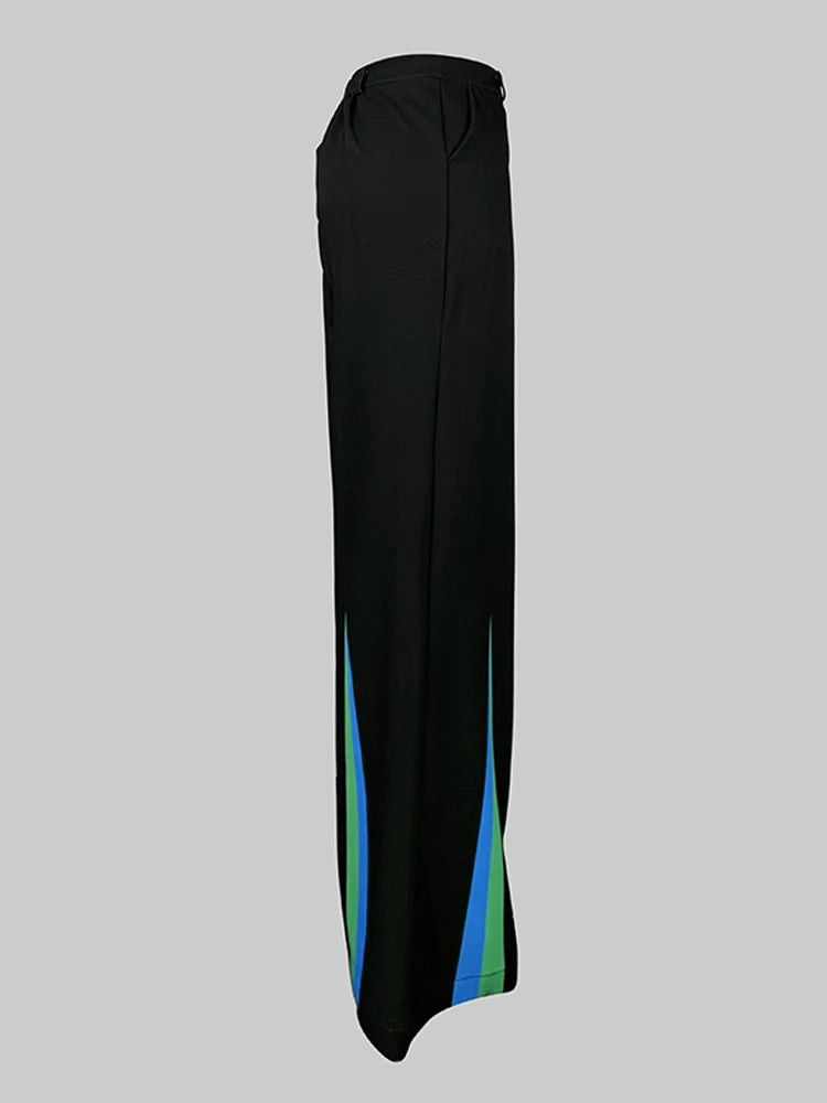 2025 New Women Black Printed Straight Leg Pants Pockets Loose Fit High Waisted Office Business Casual Trousers