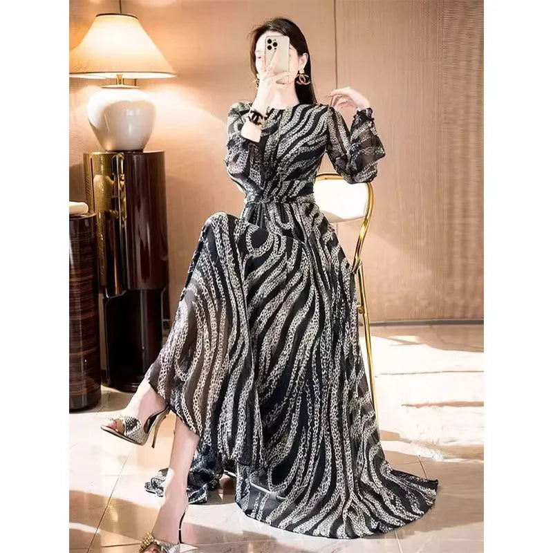 Fashionable Temperament Elegant Socialite Waist Cinching Big Swing Long Skirt Vnique Beautiful Mature Mature Queen Print Dress