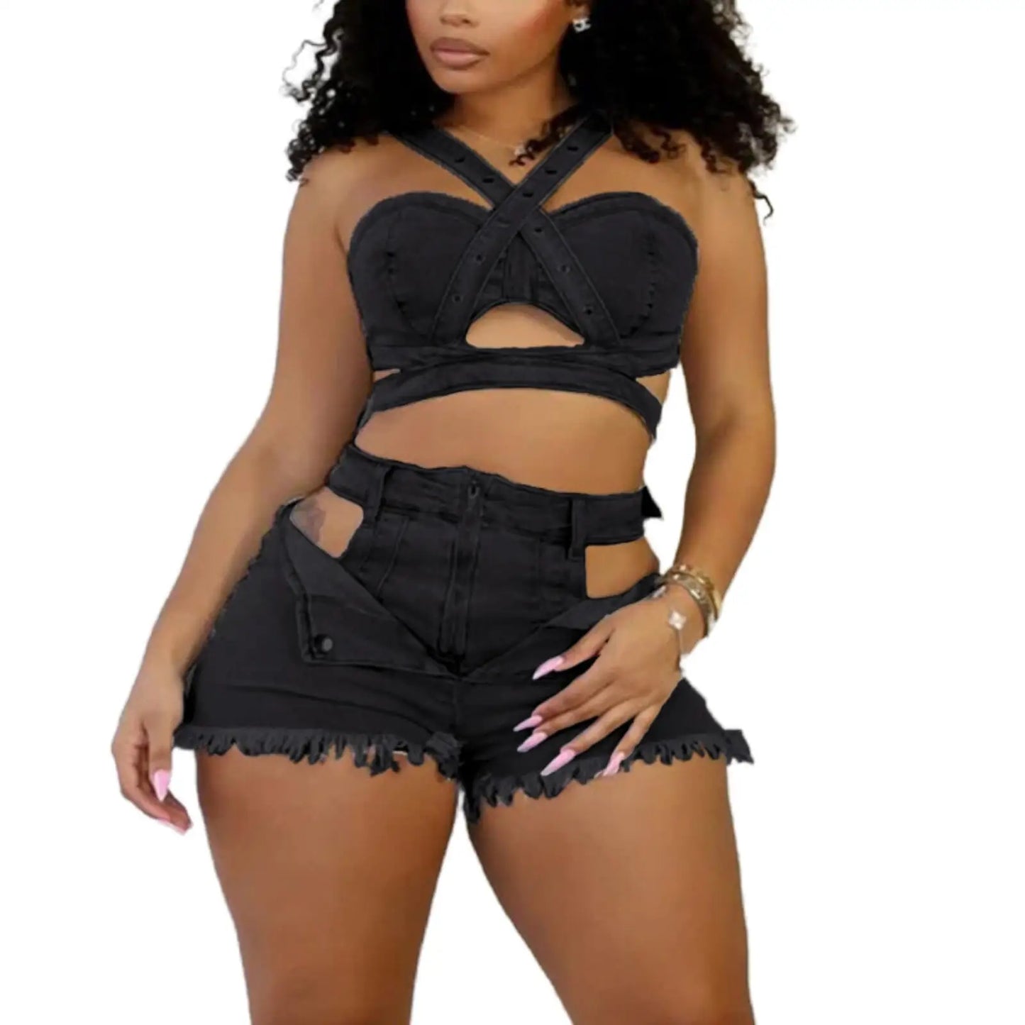 CM.YAYA Sexy Holiday Denim Women's Set Halter Neck Crop Tops and Ripped Out Shorts Jeans 2025 Summer Two 2 Piece Sets Outfit