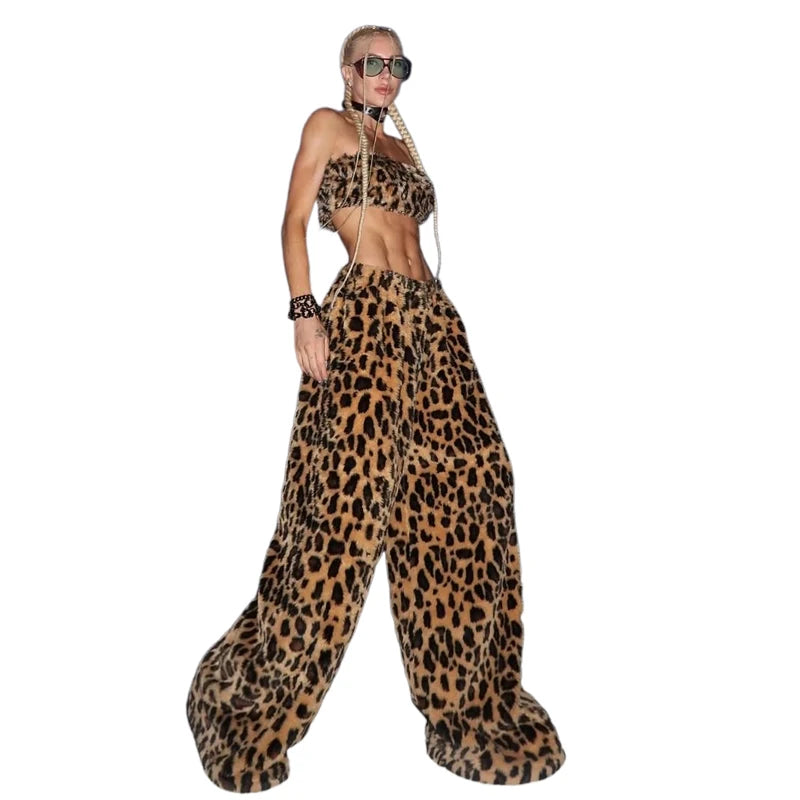 Leopard Print Furry Streetwear Two Piece Set for Women