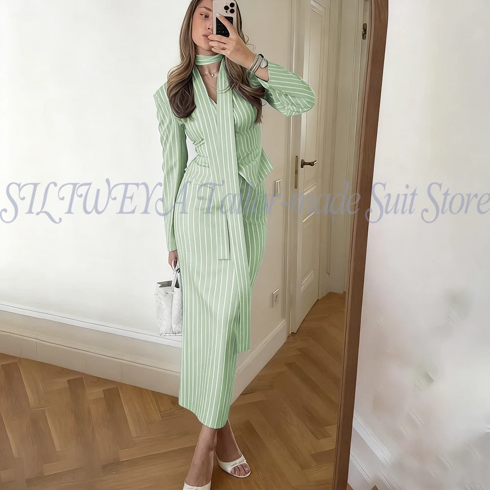 Single Breasted Blue Striped Blazer Skirt Set for Women