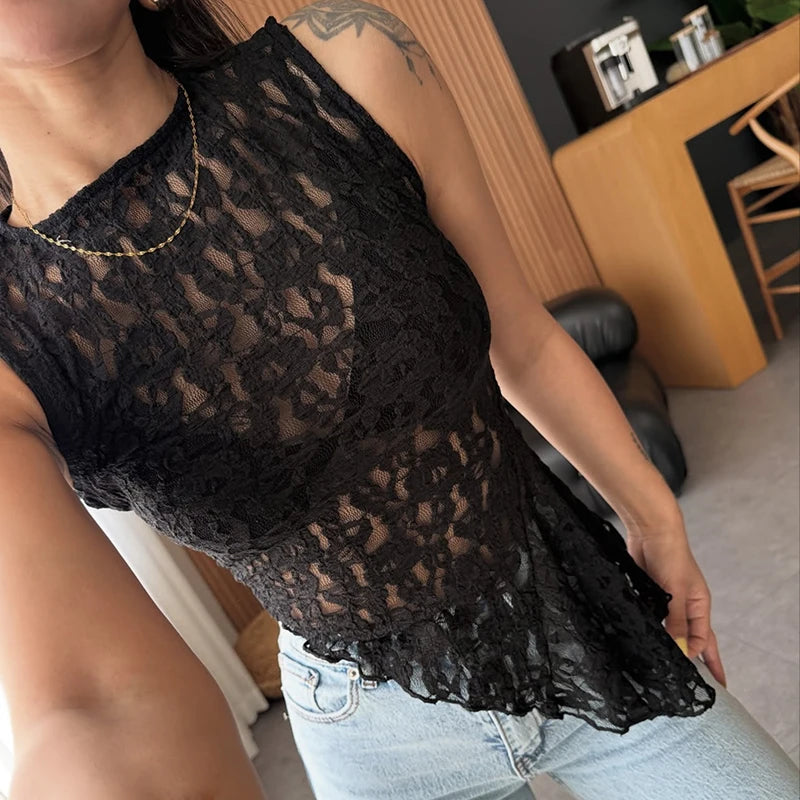 Women's Casual O Neck Sleeveless Irregular Tees 2025 Summer Solid Color Waist Blouses Perspective Lace Slim Fit Club Party Tops