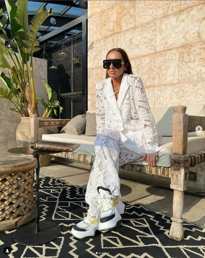 CM.YAYA Vintage Women Lace See Though Long Sleeve Blazer Suit and Wide Leg Straight Pants Set 2023 Two 2 Piece Set Outfits
