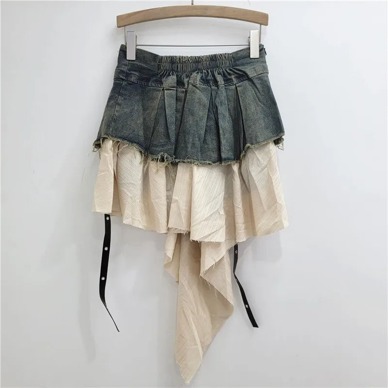 YEAE trendy fashion women's patchwork denim pleated skirt 2024 autumn new high waist strap design A-shaped skirt women