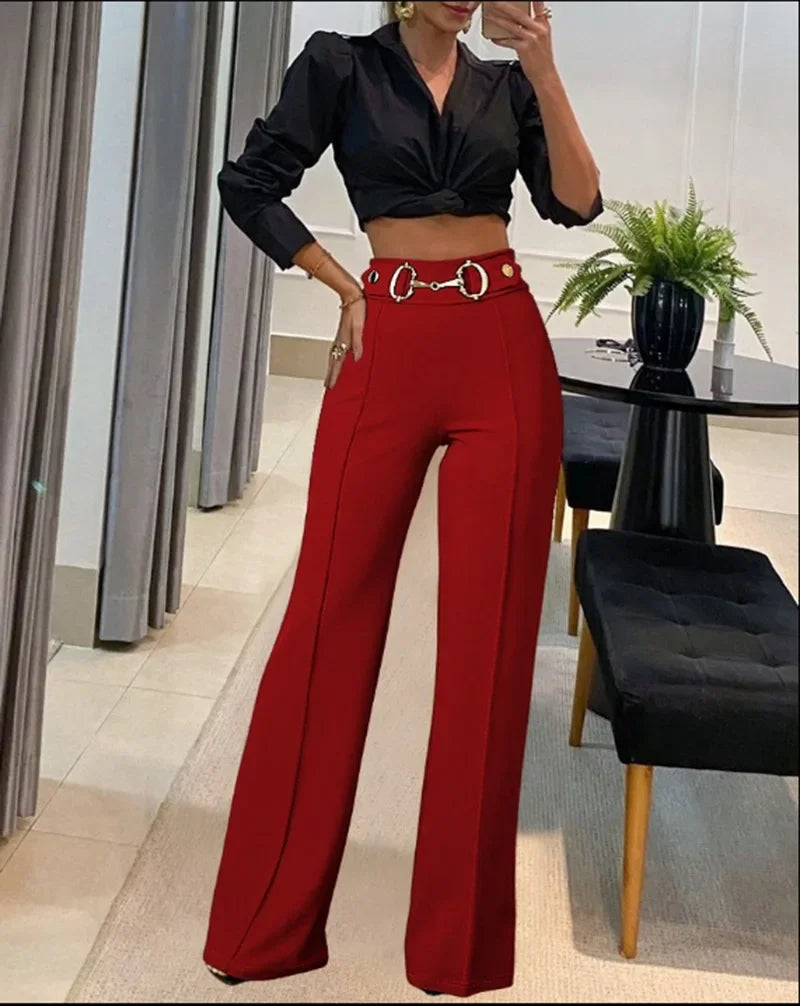 Fashionable High-Waisted Metal Buckle Decorated Solid Color Women's Straight-Leg Trousers New Style Independent Station Clothing