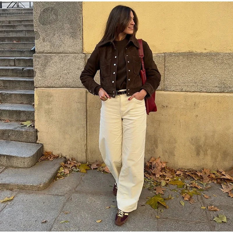Big Pockets Suede Short Women's Jackets Vintage Lapel Single Breasted Full Sleeve Jacket Lady 2025 Spring Fashion Streetwears