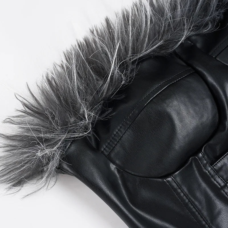 FAGADOER Punk Gothic Sexy Fur Leather Patchwork 2 Pieces Set for Woman Sleeveless Backless Tops and Bubble Puff Skirt Streetwear