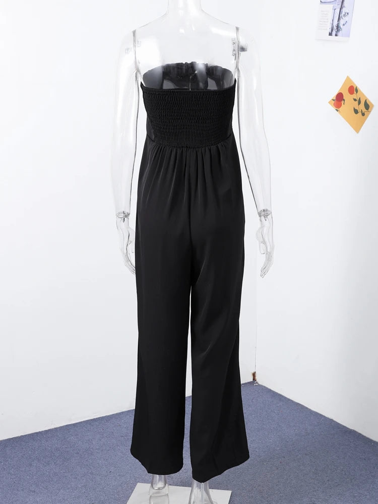 Sexy Backless Women's Jumpsuits Solid Off Shoulder Waist Cinching Pockets Wide Leg Pants Lady Bodysuit Summer Female Outwears