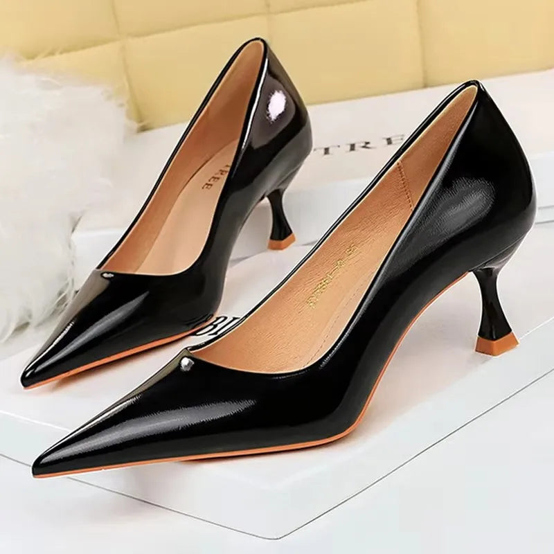 Classic Patent Leather Kitten Heel Office Pumps for Women