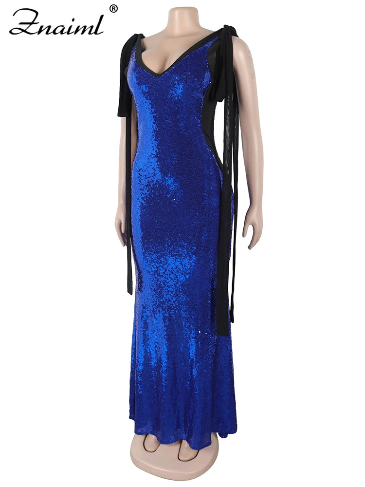 Znaiml Women Elegant Cocktail Prom Long Blue Dress Luxury Sequin Sleeveless Bandage Wedding Gown Evening Formal Party Vestidos