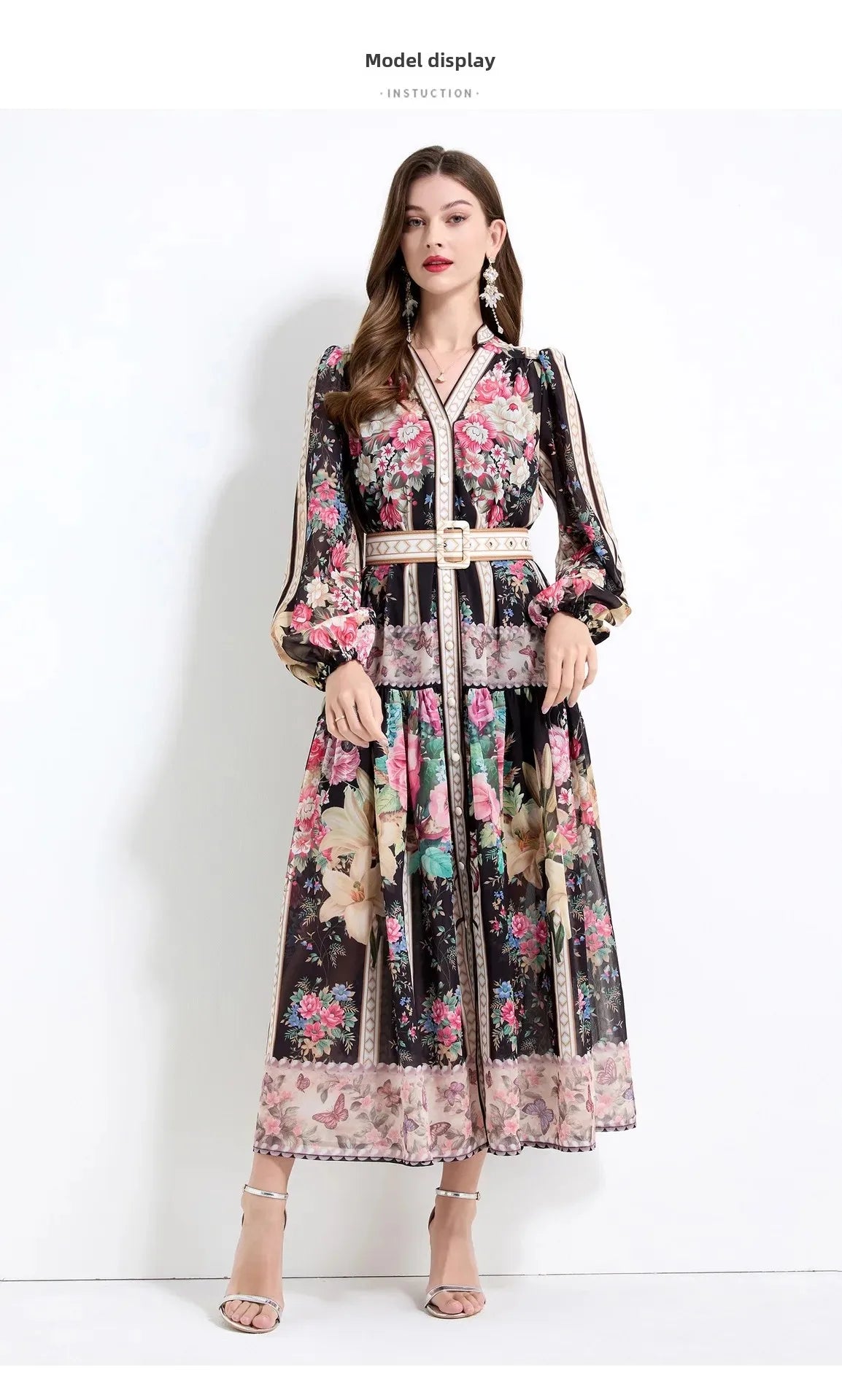 Elegant French Vintage Dress Women's High Waist Belted Print Court Style Long Dress Classy Sensation Skirt Fashionable Gown