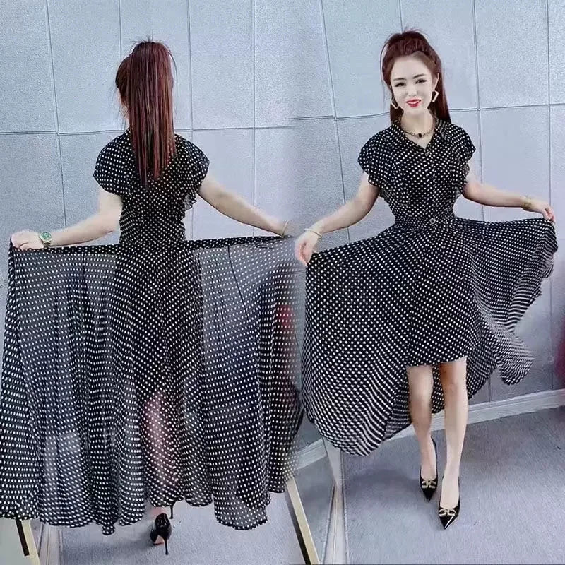 Fashion Dress Set Women's 2024 Summer New Polka Dot Style Sweet and Slim Ruffle Dress+Apron Two Piece Set Black V-Neck Dress Lad