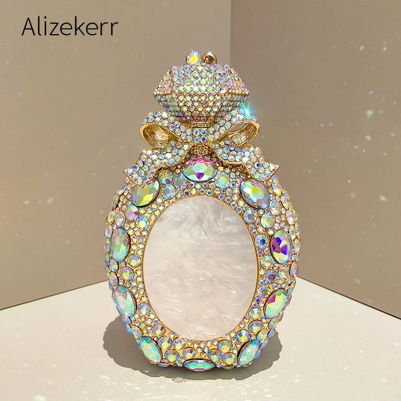 Alizekerr Perfume Bottle Crystal Evening Bags Women Gorgeous Boutique Bow Diamond Metal Clutch Purses And Handbags Wedding Party