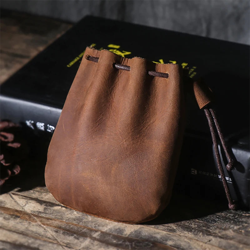 LUOKIR Men's Genuine Leather Coin Purse Simple Vintage Small Card Bag Women's Cowhide Wallet Keys Money Drawstring Storage Bags