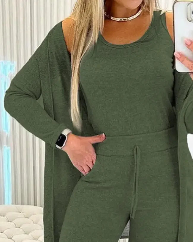Long Sleeved Women's Pans Set Autumn New 2024 Fashion Casual Elegant Solid Round Neck Tank Top & Drawstring Trousers Suit