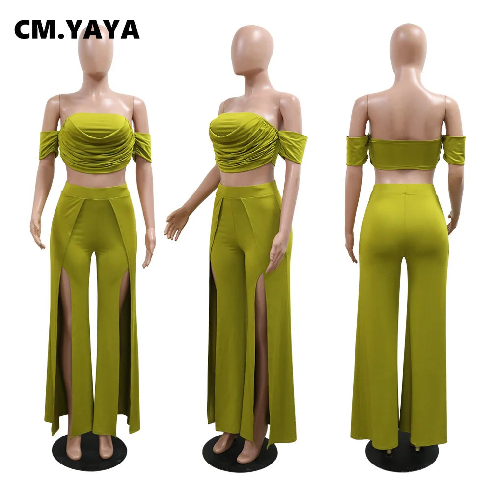 CM.YAYA Women's Set Short Sleeve Slash Neck Ruched Tops and Wide Leg split Pants 2024 Street Two 2 Piece Sets Outfit Tracksuits