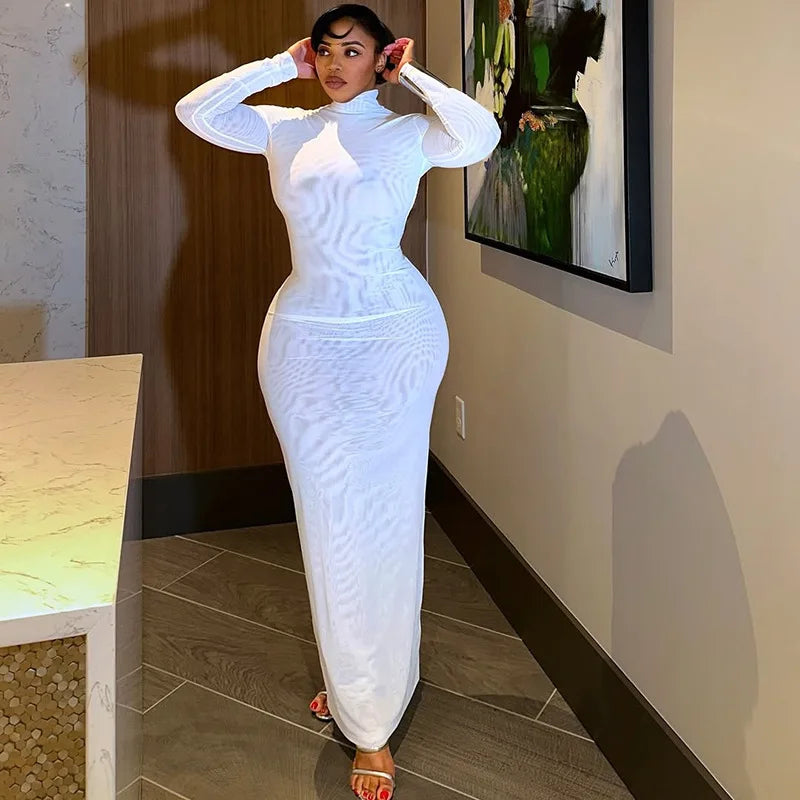CM.YAYA Women Full Sleeve Mesh See Through Maxi Long Dress 2025 Summer Backless Night Party Birthday Evening Dresses Vestidos