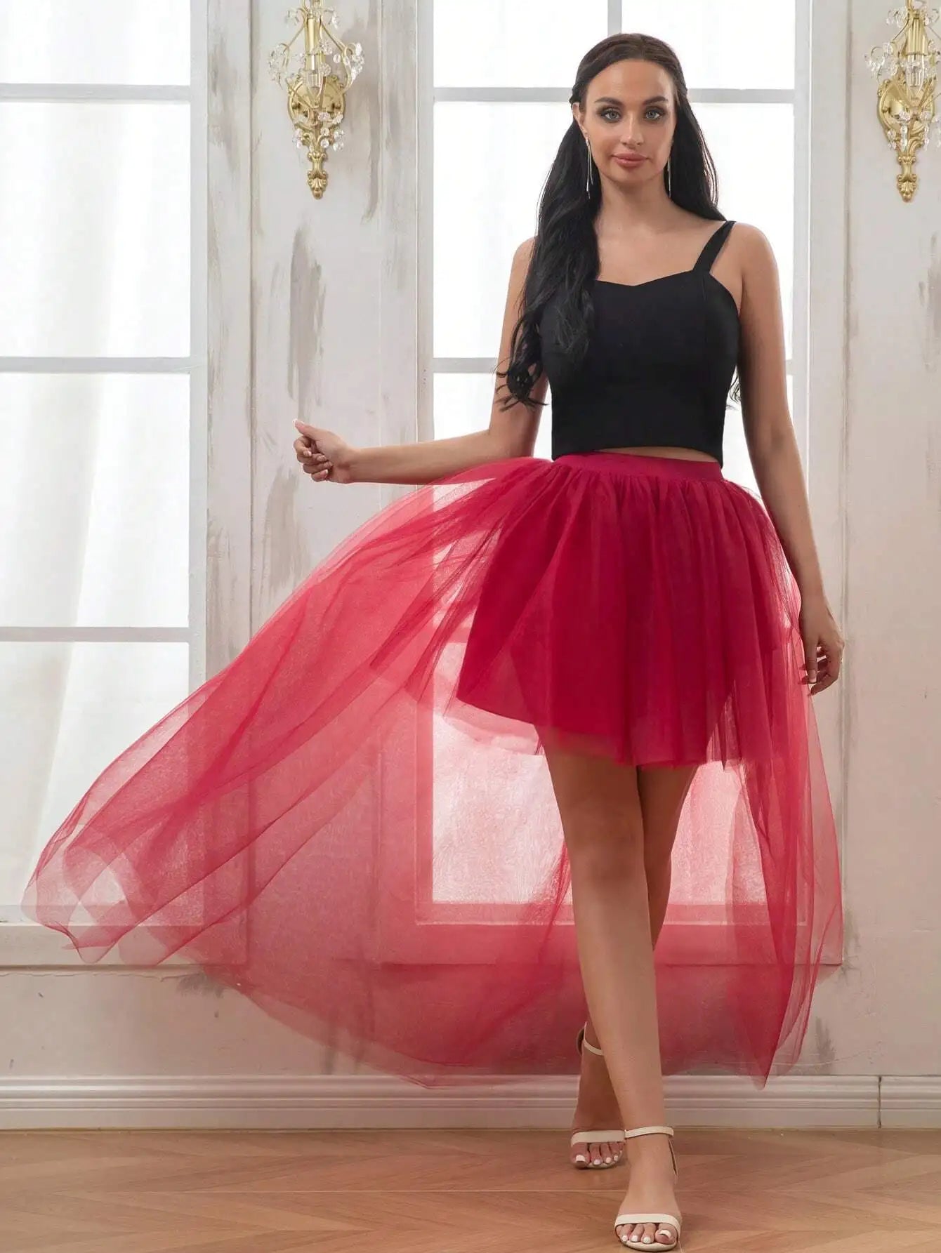 MisShow Hi-Lo Tulle Petticoat Women's Long Four Layer Puffy Skirt Fuchsia Tutu Skirts Adult Junpon Goth For Party Cocktail
