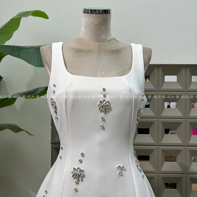 High-end Light Luxury Party Dress 2025 Summer Clothes New Heavy Industry Diamond Square Collar Waist Halter Bow Short Dress