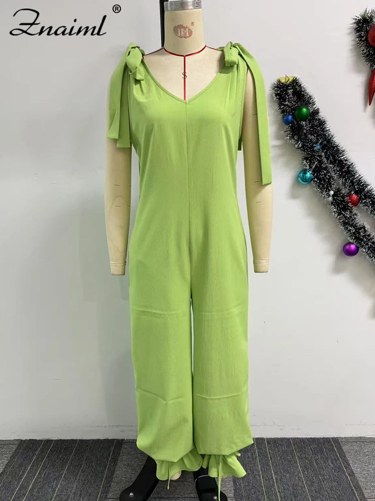 Znaiml Casual Lace-up Bandage Jumpsuit Green Loose Wide Leg Jogger Pants Women V-Neck Sleeveless New In One Pieces Rompers 2025