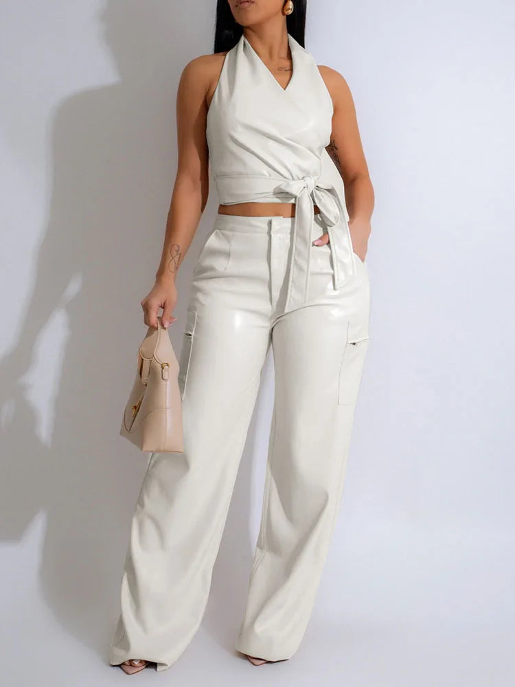 Elegant PU Faux Leather 2 Piece Sets Women Outfit Clubwear Party Halter Backless Crop Top and Wide Leg Pants Matching Sets Y2K