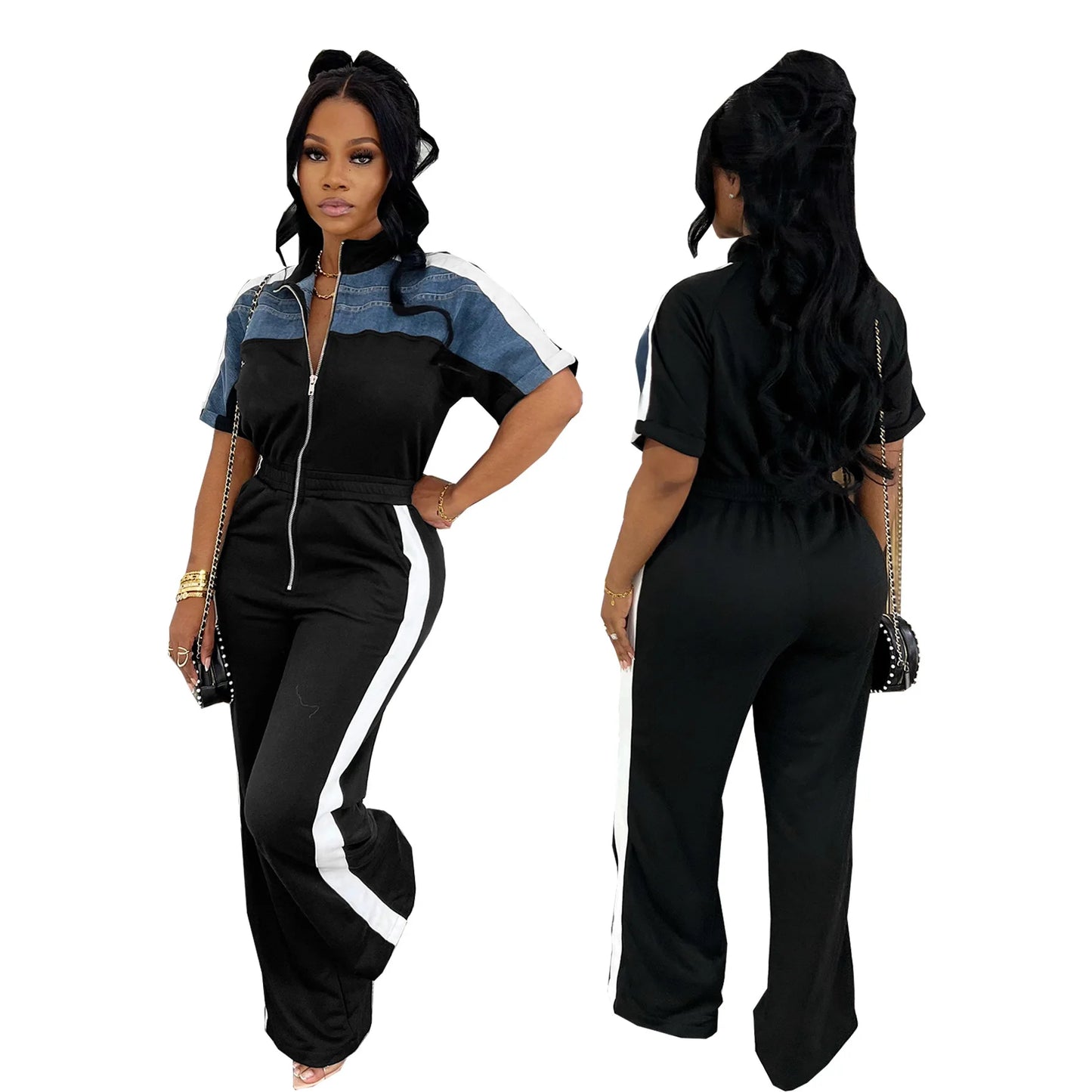 CM.YAYA Women Zipper Short Sleeve Wide Leg Jumpsuits Summer Denim Patchwork Street Holiday OL Night Party One Piece Suit Romper