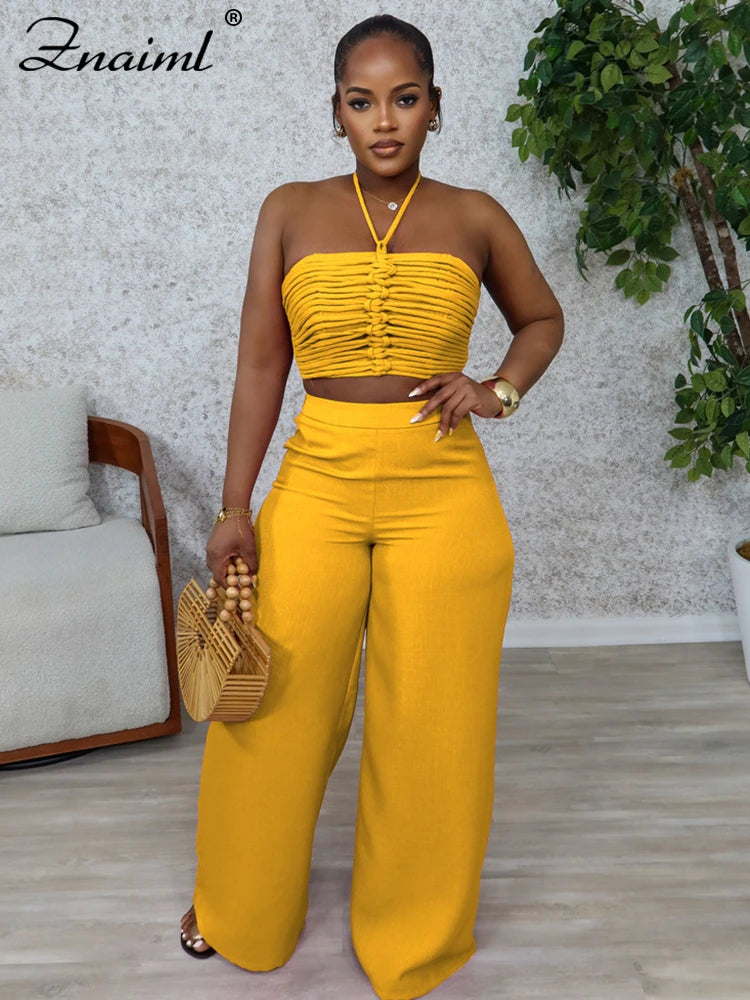 Znaiml Halter Sleeveless Ruched Crop Top and Wide Leg Pants 2 Piece Sets Woman Summer Sexy Beach Paarty Night Club Outfit 2025