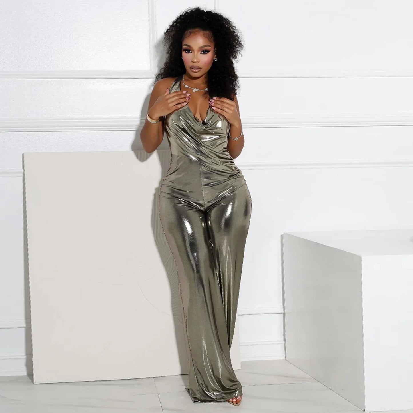 CM.YAYA Women Heaps Collar V-Neck Backless Wide Leg Straight Sleeveless Jumpsuits Spring Sexy One Piece Set Streetwear Outfits