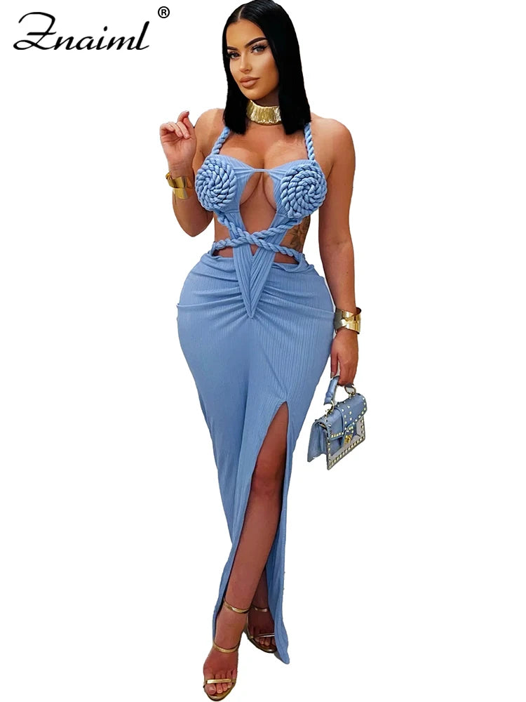 Znaiml Women's Elegant Evening Halter Hollow Backless Slit Bodycon Maxi Dresses Sexy Beach Holiday Party Club Birthday Vestidos