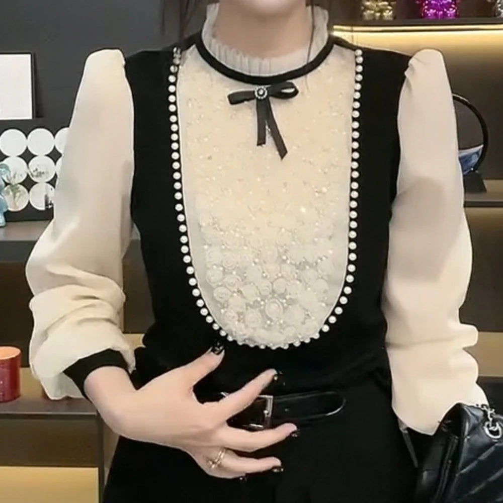 Beaded Long Sleeve O Neck Versatile Blouse For Women