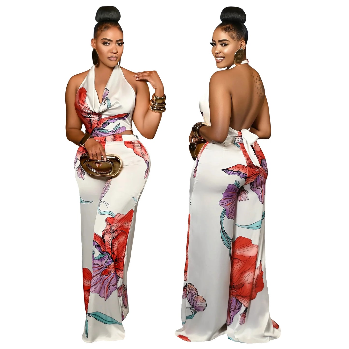 CM.YAYA Women's Set Pile Collar Elegant Floral Print Top and Wide Leg Pants Suit 2025 Summer Two 2 Piece Sets Outfit Tracksuit