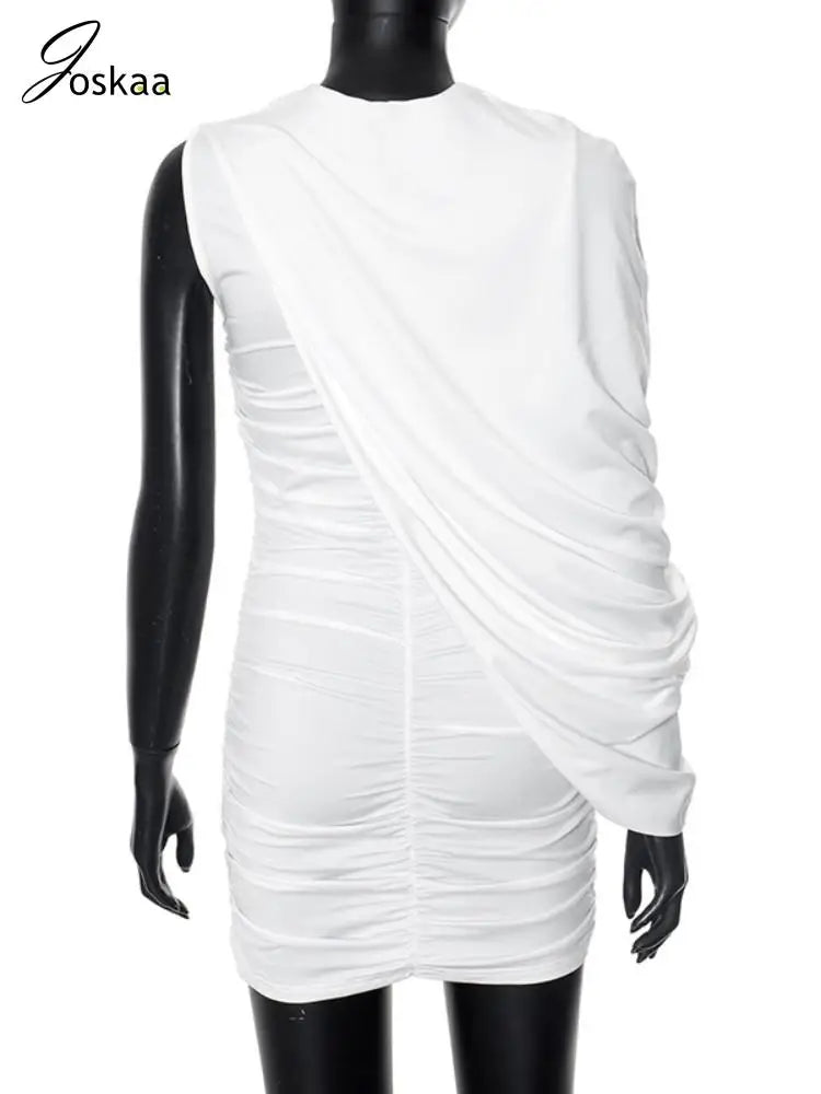 Joskaa Elegant Pleated O-Neck Asymmetric Single Sleeve Body-Shaping Mini Dresses for Women 2025 Summer Holiday Party Clubwear